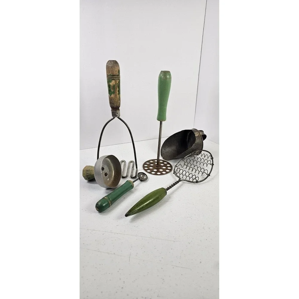 11 Vtg‎ Green Wooden Handle Farmhouse Primitive 50's Serving Utensils